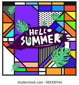 Trendy vector summer cards illustration with line elements and abstract colorful textures. Design for poster, card, invitation, brochure, and promotion template. Fashion art print and background.