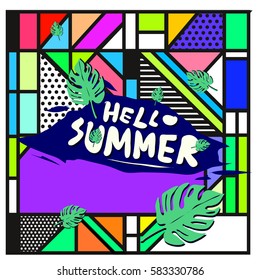 Trendy vector summer cards illustration with line elements and abstract colorful textures. Design for poster, card, invitation, brochure, and promotion template. Fashion art print and background.