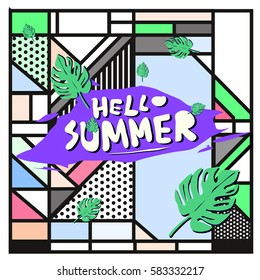 Trendy vector summer cards illustration with line elements and abstract colorful textures. Design for poster, card, invitation, brochure, and promotion template. Fashion art print and background.