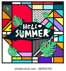 Trendy vector summer cards illustration with line elements and abstract colorful textures. Design for poster, card, invitation, brochure, and promotion template. Fashion art print and background.