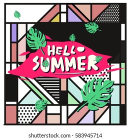 Trendy vector summer cards illustration with line elements and abstract colorful textures. Design for poster, card, invitation, brochure, and promotion template. Fashion art print and background.