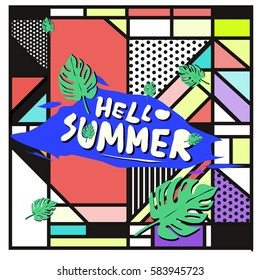 Trendy vector summer cards illustration with line elements and abstract colorful textures. Design for poster, card, invitation, brochure, and promotion template. Fashion art print and background.