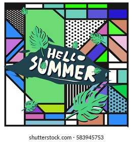 Trendy vector summer cards illustration with line elements and abstract colorful textures. Design for poster, card, invitation, brochure, and promotion template. Fashion art print and background.