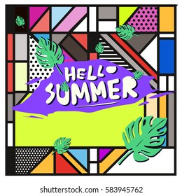Trendy vector summer cards illustration with line elements and abstract colorful textures. Design for poster, card, invitation, brochure, and promotion template. Fashion art print and background.