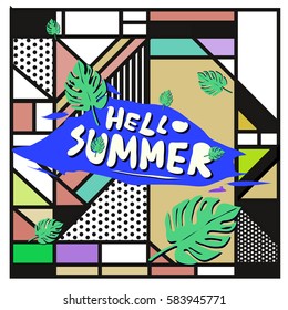 Trendy vector summer cards illustration with line elements and abstract colorful textures. Design for poster, card, invitation, brochure, and promotion template. Fashion art print and background.