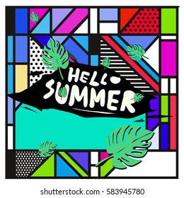 Trendy vector summer cards illustration with line elements and abstract colorful textures. Design for poster, card, invitation, brochure, and promotion template. Fashion art print and background.