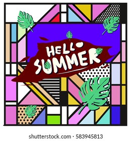 Trendy vector summer cards illustration with line elements and abstract colorful textures. Design for poster, card, invitation, brochure, and promotion template. Fashion art print and background.