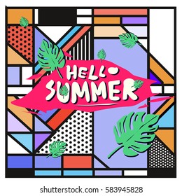 Trendy vector summer cards illustration with line elements and abstract colorful textures. Design for poster, card, invitation, brochure, and promotion template. Fashion art print and background.