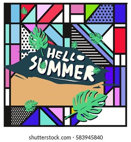 Trendy vector summer cards illustration with line elements and abstract colorful textures. Design for poster, card, invitation, brochure, and promotion template. Fashion art print and background.