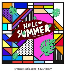 Trendy vector summer cards illustration with line elements and abstract colorful textures. Design for poster, card, invitation, brochure, and promotion template. Fashion art print and background.