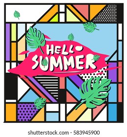 Trendy vector summer cards illustration with line elements and abstract colorful textures. Design for poster, card, invitation, brochure, and promotion template. Fashion art print and background.