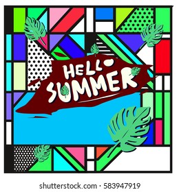 Trendy vector summer cards illustration with line elements and abstract colorful textures. Design for poster, card, invitation, brochure, and promotion template. Fashion art print and background.