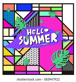 Trendy vector summer cards illustration with line elements and abstract colorful textures. Design for poster, card, invitation, brochure, and promotion template. Fashion art print and background.
