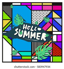 Trendy vector summer cards illustration with line elements and abstract colorful textures. Design for poster, card, invitation, brochure, and promotion template. Fashion art print and background.