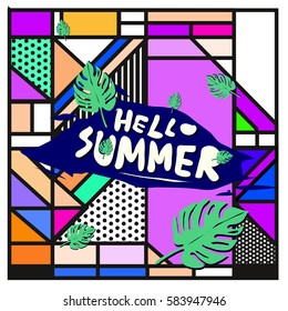 Trendy vector summer cards illustration with line elements and abstract colorful textures. Design for poster, card, invitation, brochure, and promotion template. Fashion art print and background.