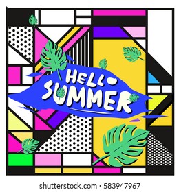 Trendy vector summer cards illustration with line elements and abstract colorful textures. Design for poster, card, invitation, brochure, and promotion template. Fashion art print and background.