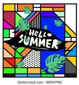 Trendy vector summer cards illustration with line elements and abstract colorful textures. Design for poster, card, invitation, brochure, and promotion template. Fashion art print and background.