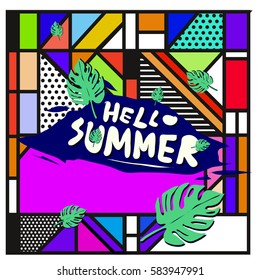 Trendy vector summer cards illustration with line elements and abstract colorful textures. Design for poster, card, invitation, brochure, and promotion template. Fashion art print and background.