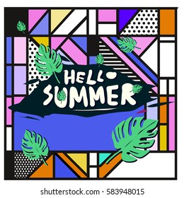 Trendy vector summer cards illustration with line elements and abstract colorful textures. Design for poster, card, invitation, brochure, and promotion template. Fashion art print and background.