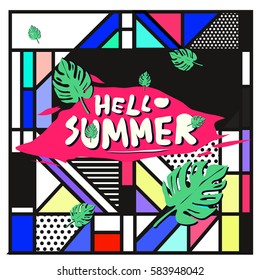 Trendy vector summer cards illustration with line elements and abstract colorful textures. Design for poster, card, invitation, brochure, and promotion template. Fashion art print and background.
