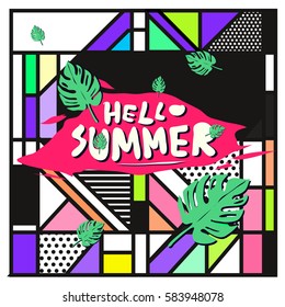 Trendy vector summer cards illustration with line elements and abstract colorful textures. Design for poster, card, invitation, brochure, and promotion template. Fashion art print and background.