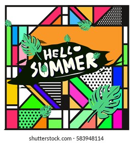 Trendy vector summer cards illustration with line elements and abstract colorful textures. Design for poster, card, invitation, brochure, and promotion template. Fashion art print and background.