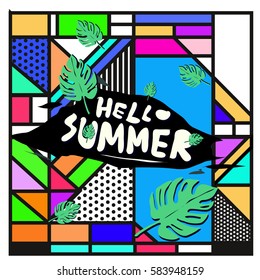 Trendy vector summer cards illustration with line elements and abstract colorful textures. Design for poster, card, invitation, brochure, and promotion template. Fashion art print and background.