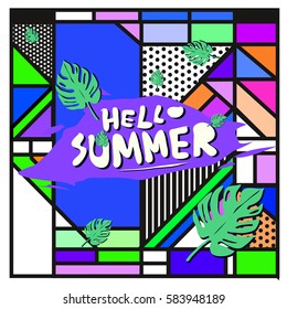 Trendy vector summer cards illustration with line elements and abstract colorful textures. Design for poster, card, invitation, brochure, and promotion template. Fashion art print and background.