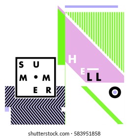 Trendy vector summer cards illustration with line elements and abstract colorful textures. Design for poster, card, invitation, brochure, and promotion template. Fashion art print and background.