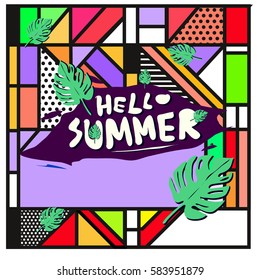 Trendy vector summer cards illustration with line elements and abstract colorful textures. Design for poster, card, invitation, brochure, and promotion template. Fashion art print and background.