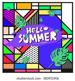 Trendy vector summer cards illustration with line elements and abstract colorful textures. Design for poster, card, invitation, brochure, and promotion template. Fashion art print and background.