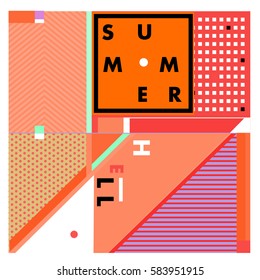 Trendy vector summer cards illustration with line elements and abstract colorful textures. Design for poster, card, invitation, brochure, and promotion template. Fashion art print and background.