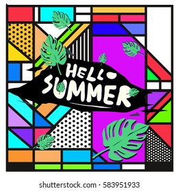 Trendy vector summer cards illustration with line elements and abstract colorful textures. Design for poster, card, invitation, brochure, and promotion template. Fashion art print and background.