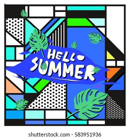 Trendy vector summer cards illustration with line elements and abstract colorful textures. Design for poster, card, invitation, brochure, and promotion template. Fashion art print and background.
