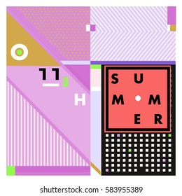 Trendy vector summer cards illustration with line elements and abstract colorful textures. Design for poster, card, invitation, brochure, and promotion template. Fashion art print and background.