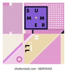 Trendy vector summer cards illustration with line elements and abstract colorful textures. Design for poster, card, invitation, brochure, and promotion template. Fashion art print and background.