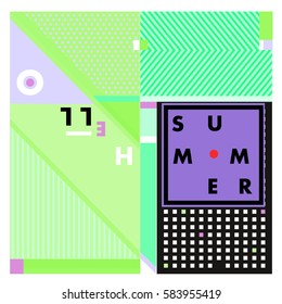 Trendy vector summer cards illustration with line elements and abstract colorful textures. Design for poster, card, invitation, brochure, and promotion template. Fashion art print and background.