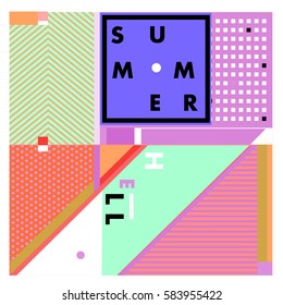 Trendy vector summer cards illustration with line elements and abstract colorful textures. Design for poster, card, invitation, brochure, and promotion template. Fashion art print and background.