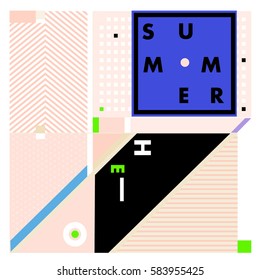 Trendy vector summer cards illustration with line elements and abstract colorful textures. Design for poster, card, invitation, brochure, and promotion template. Fashion art print and background.