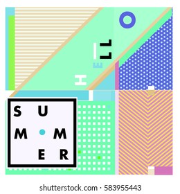 Trendy vector summer cards illustration with line elements and abstract colorful textures. Design for poster, card, invitation, brochure, and promotion template. Fashion art print and background.
