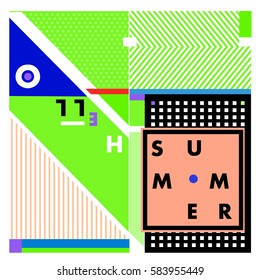Trendy vector summer cards illustration with line elements and abstract colorful textures. Design for poster, card, invitation, brochure, and promotion template. Fashion art print and background.