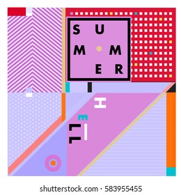 Trendy vector summer cards illustration with line elements and abstract colorful textures. Design for poster, card, invitation, brochure, and promotion template. Fashion art print and background.