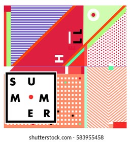 Trendy vector summer cards illustration with line elements and abstract colorful textures. Design for poster, card, invitation, brochure, and promotion template. Fashion art print and background.