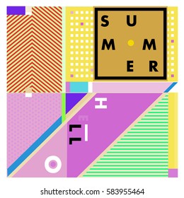 Trendy vector summer cards illustration with line elements and abstract colorful textures. Design for poster, card, invitation, brochure, and promotion template. Fashion art print and background.