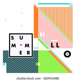 Trendy vector summer cards illustration with line elements and abstract colorful textures. Design for poster, card, invitation, brochure, and promotion template. Fashion art print and background.