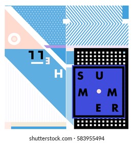 Trendy vector summer cards illustration with line elements and abstract colorful textures. Design for poster, card, invitation, brochure, and promotion template. Fashion art print and background.