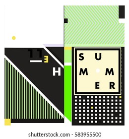 Trendy vector summer cards illustration with line elements and abstract colorful textures. Design for poster, card, invitation, brochure, and promotion template. Fashion art print and background.