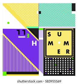 Trendy vector summer cards illustration with line elements and abstract colorful textures. Design for poster, card, invitation, brochure, and promotion template. Fashion art print and background.