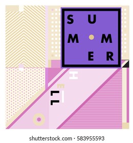 Trendy vector summer cards illustration with line elements and abstract colorful textures. Design for poster, card, invitation, brochure, and promotion template. Fashion art print and background.