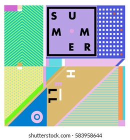 Trendy vector summer cards illustration with line elements and abstract colorful textures. Design for poster, card, invitation, brochure, and promotion template. Fashion art print and background.